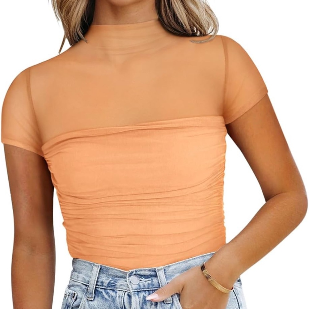 Orange Sheer Ruched Top - Picture 3 of 3
